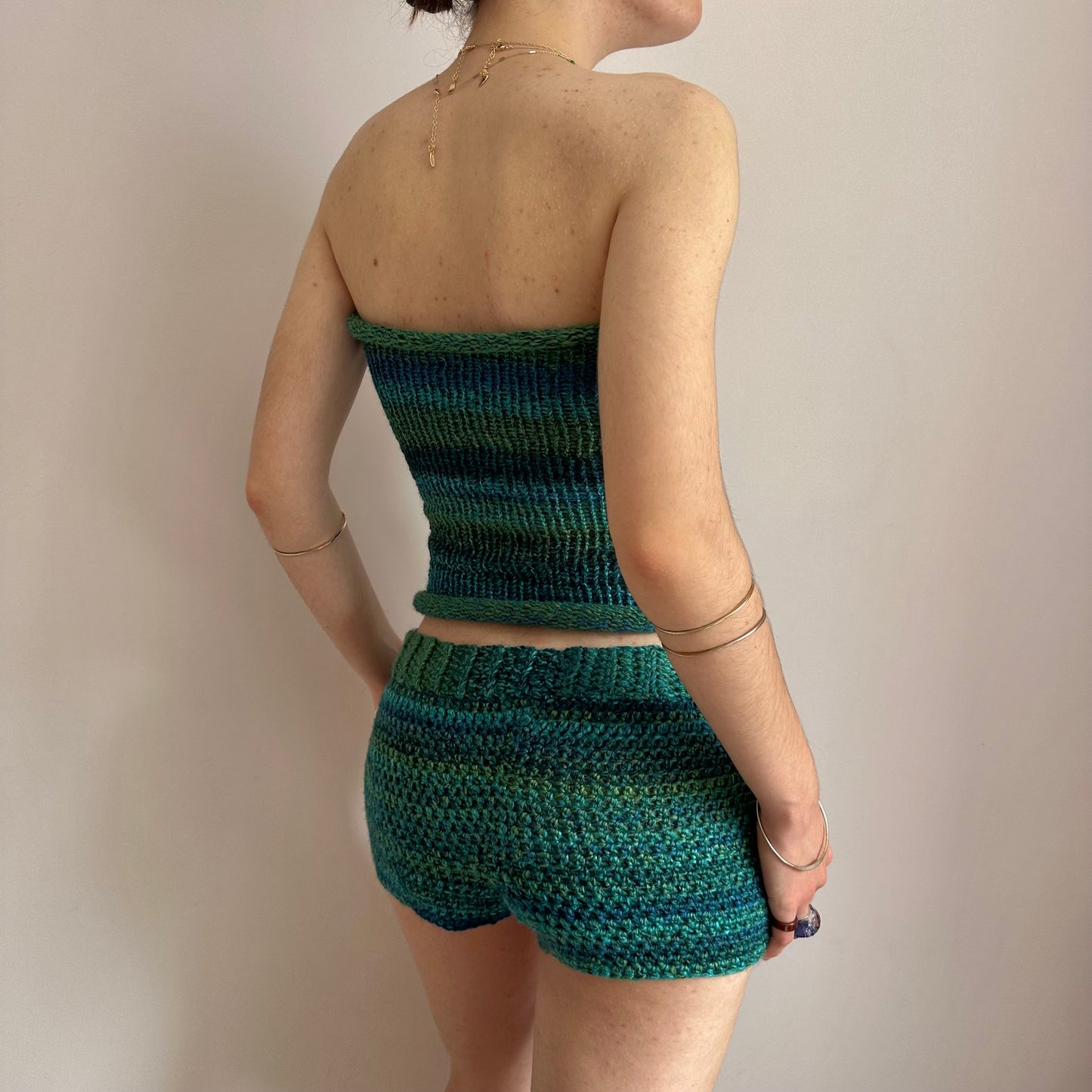 Matching set: green and blue striped crochet shorts and knit bandeau top