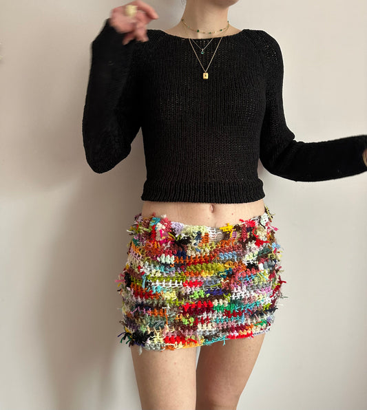 Handmade scrappy crochet mini skirt - 1 of 1, made of leftover yarn scraps