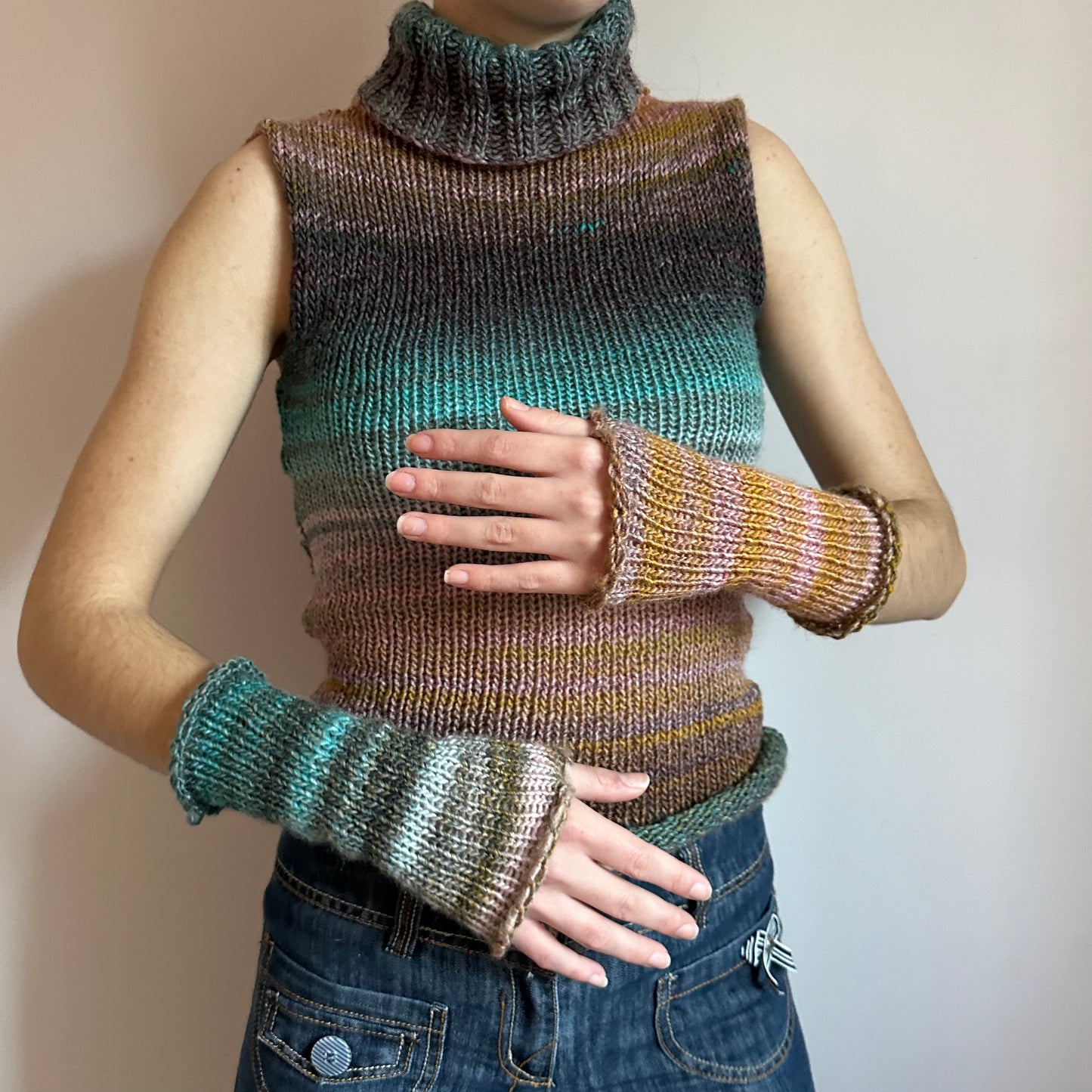 Handmade knitted ombré hand warmers in Alba colourway