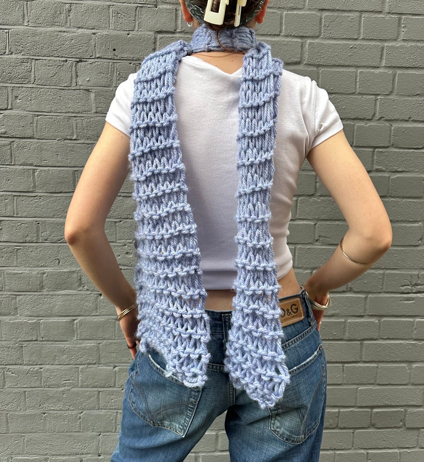 Handmade chunky fishnet knitted scarf in cornflower blue