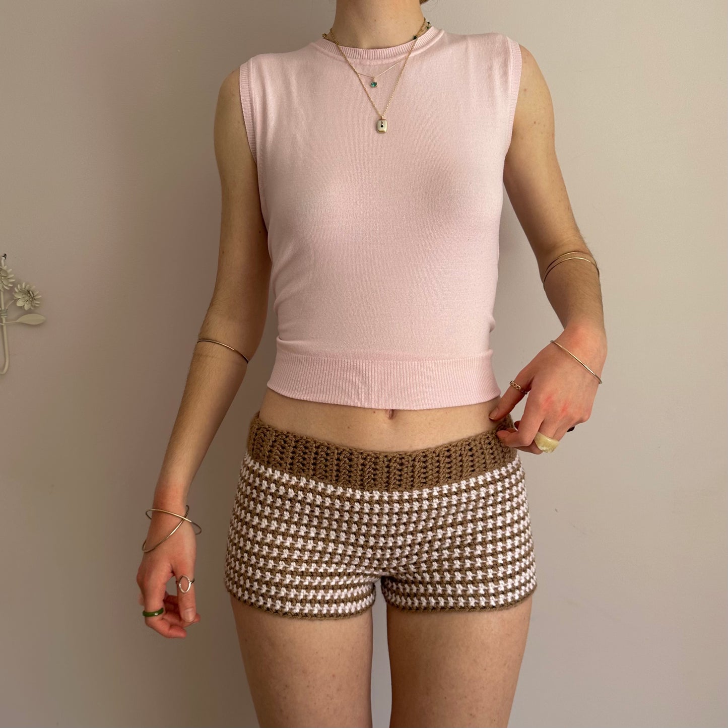 Handmade tan and baby pink striped crochet shorts