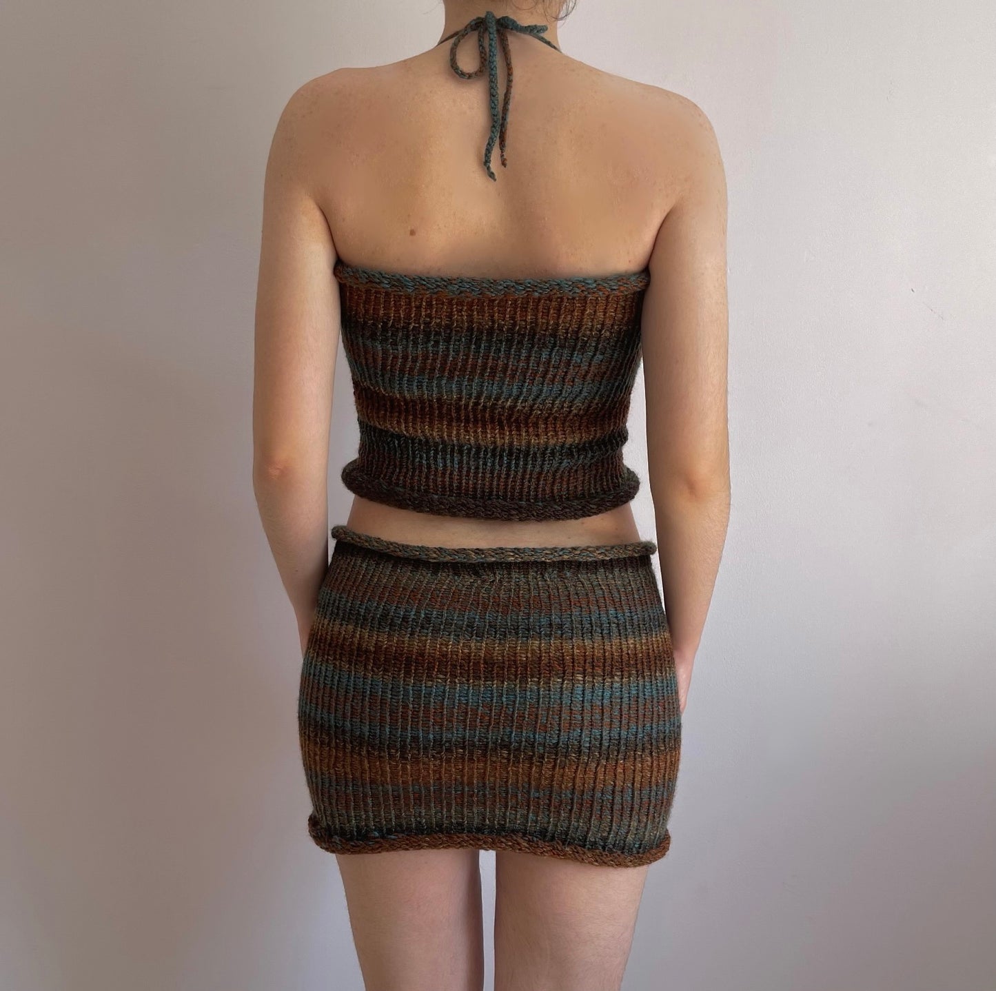 Handmade knitted mini skirt in brown and blue