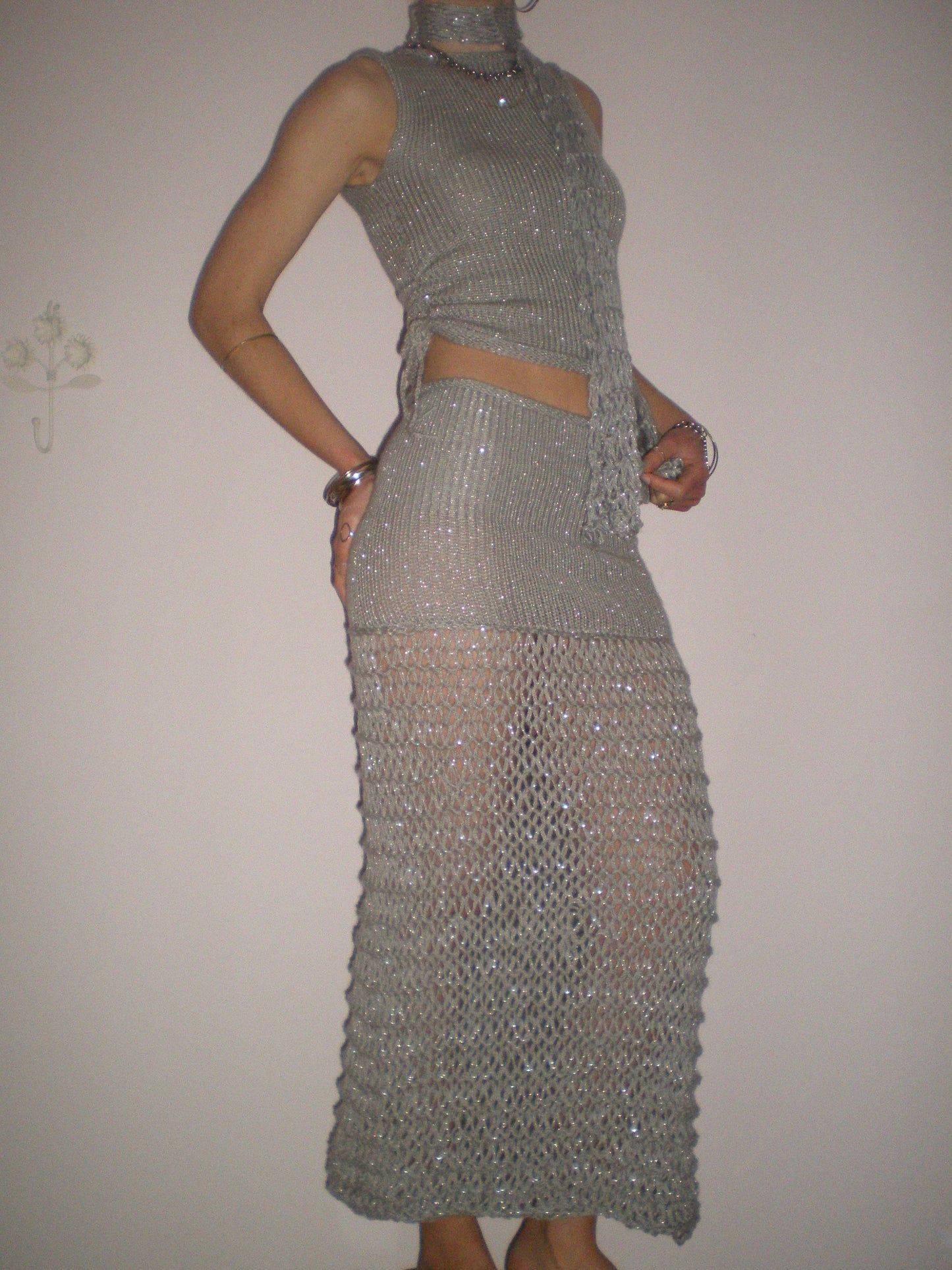 The Chainmail Set - handmade silver metallic ruched vest & matching maxi skirt