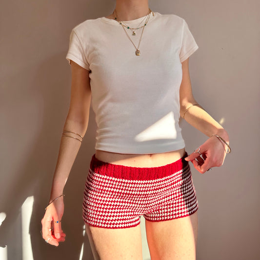 Handmade cream and red striped crochet shorts