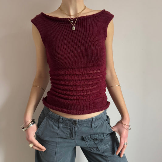 Handmade burgundy shirred knitted vest