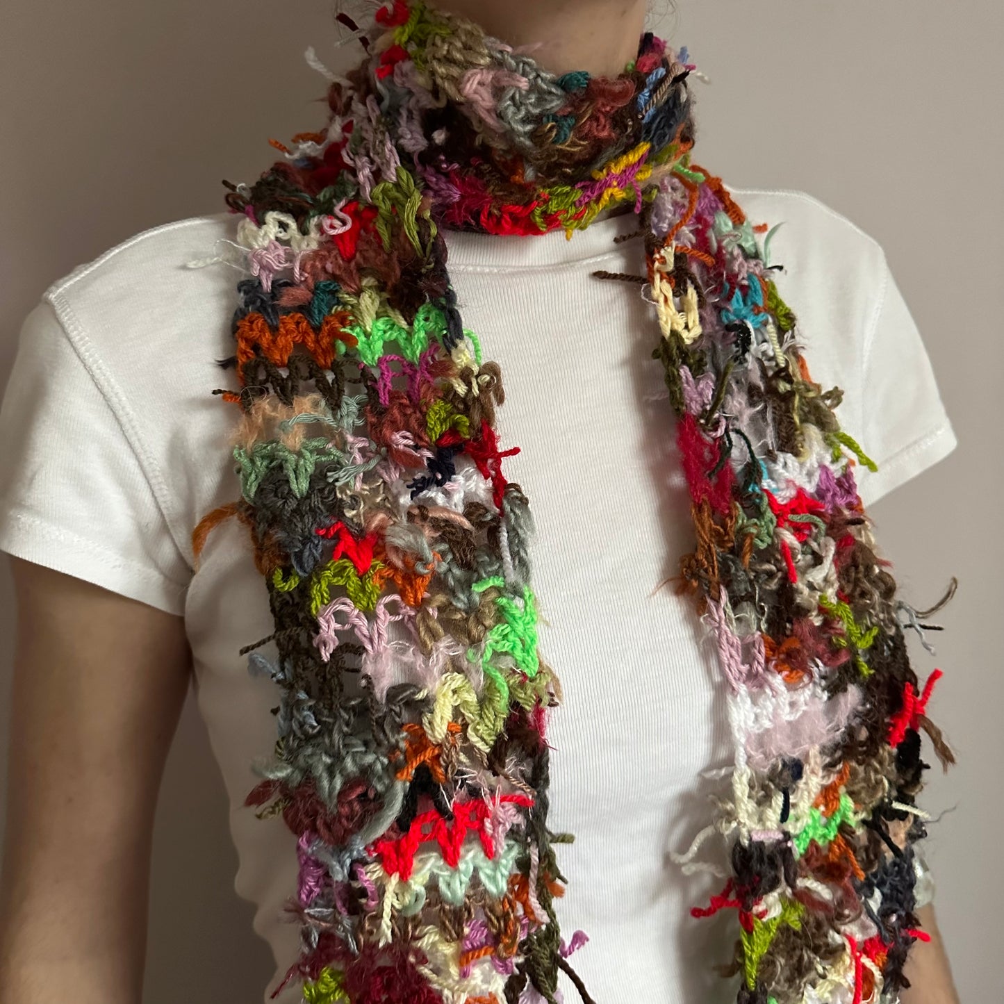 Scrappy skinny scarf #1 - handmade from leftover yarn scraps