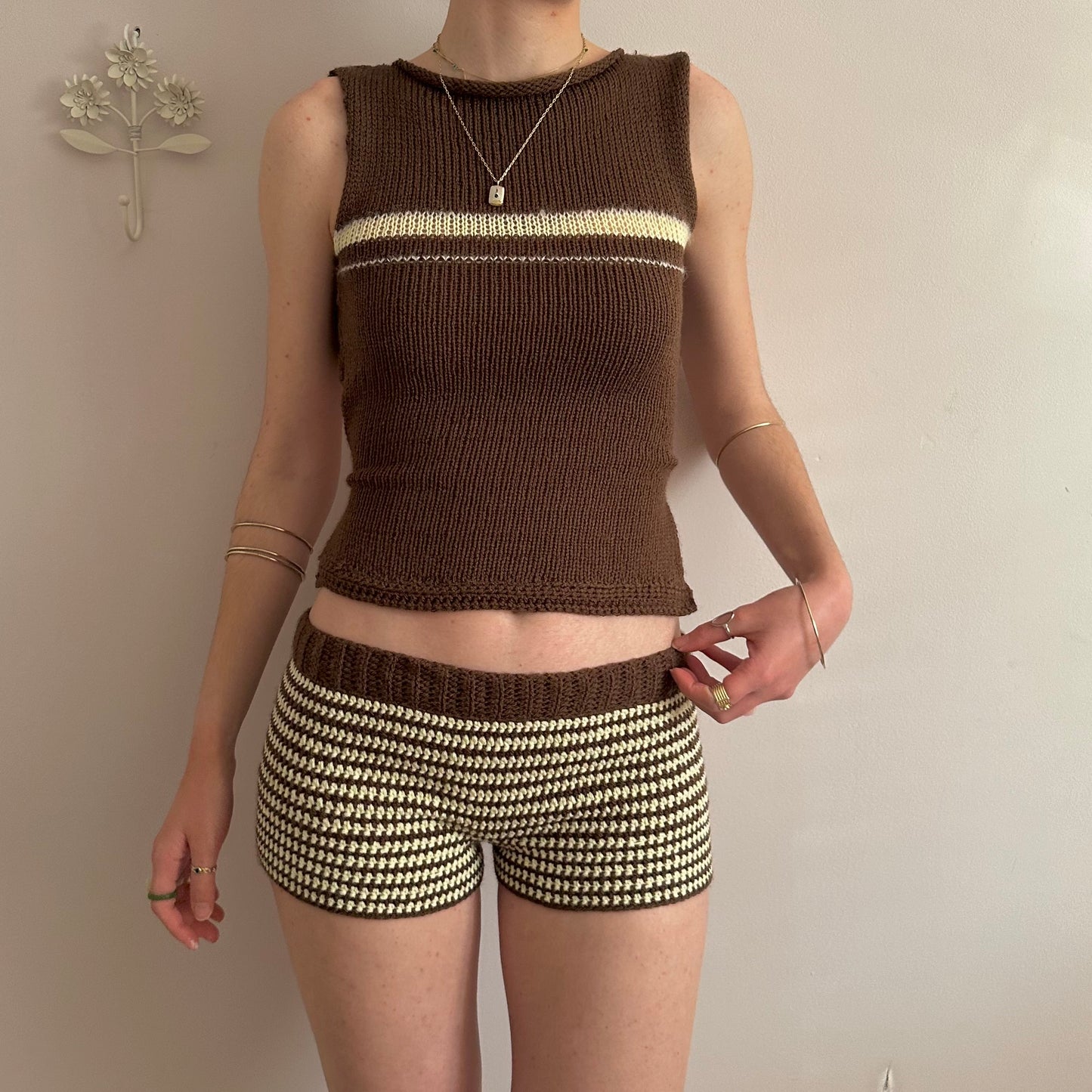 The Sienna Shorts - handmade brown and light yellow striped crochet shorts