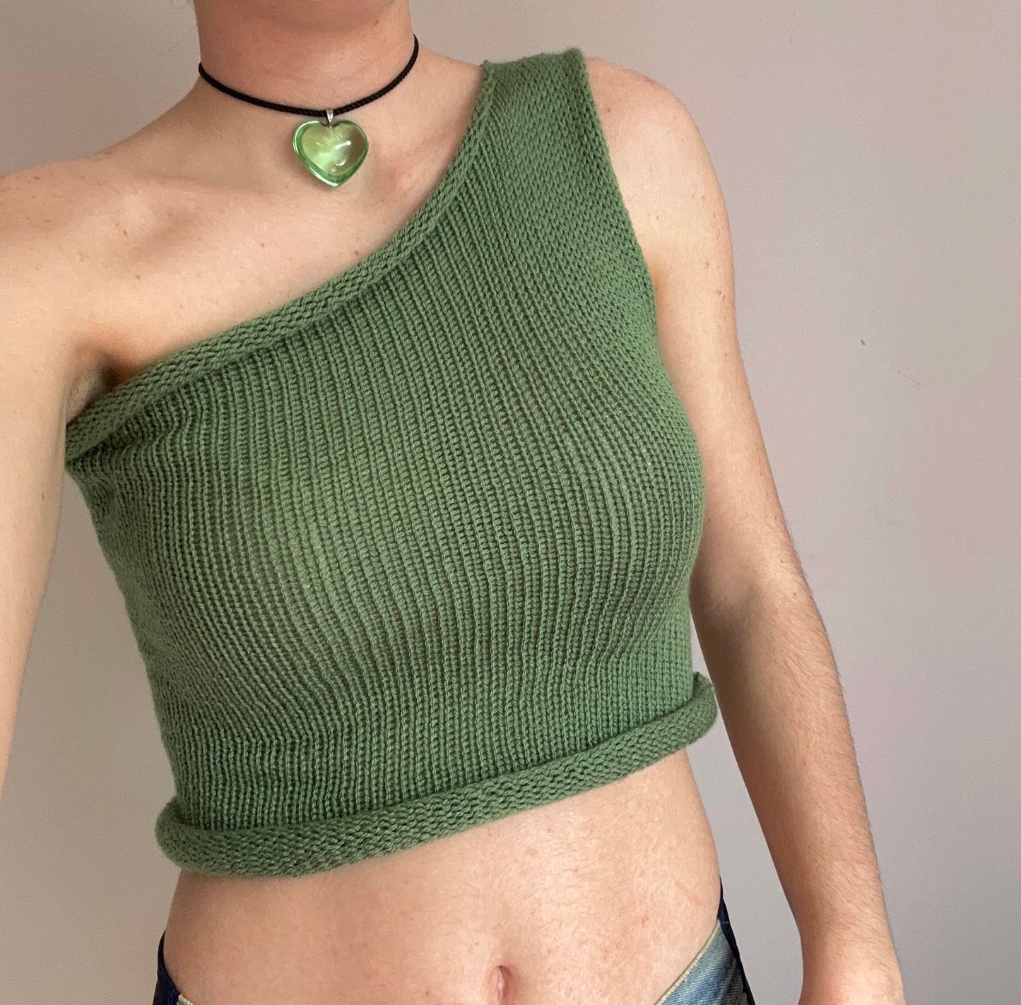 Handmade knitted sage green asymmetrical one shoulder top