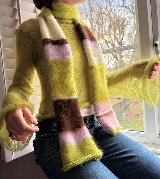 Handmade cream, olive green, brown and baby pink fluffy striped scarf - 1 off piece 🎀