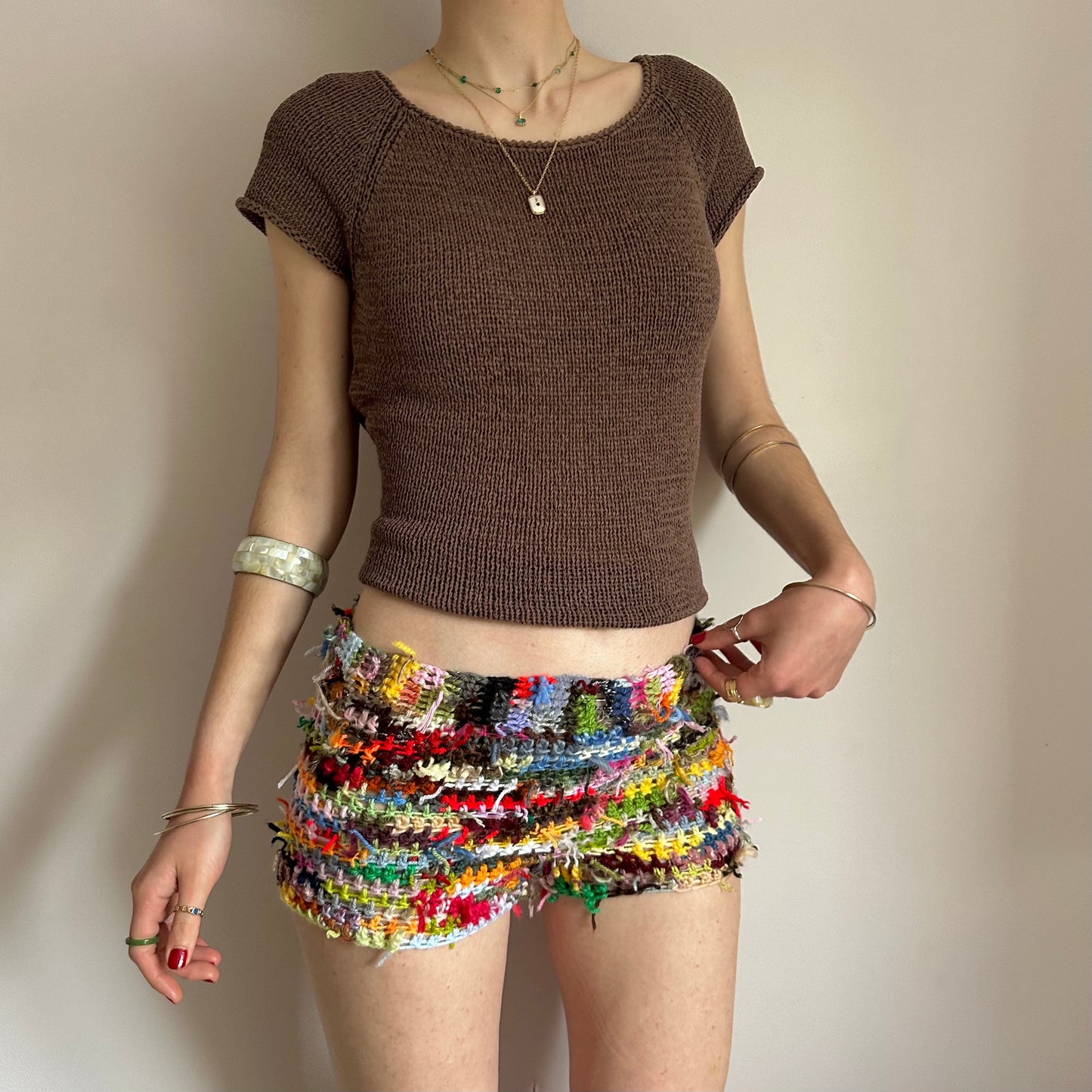 Handmade scrappy crochet shorts - 1 of 1, made of leftover yarn scraps