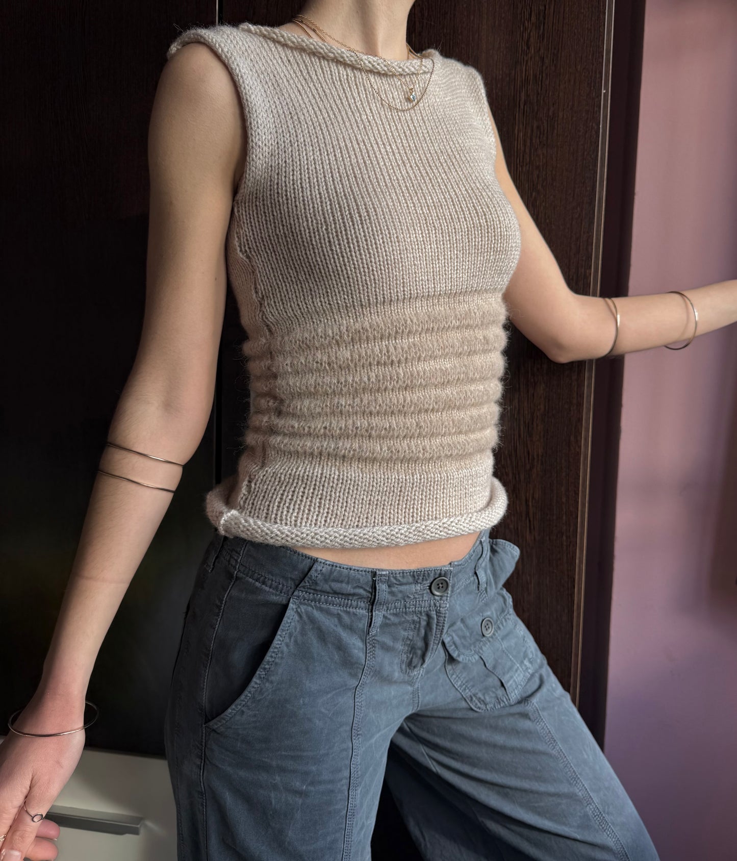 Handmade beige shirred knitted vest - mohair blend