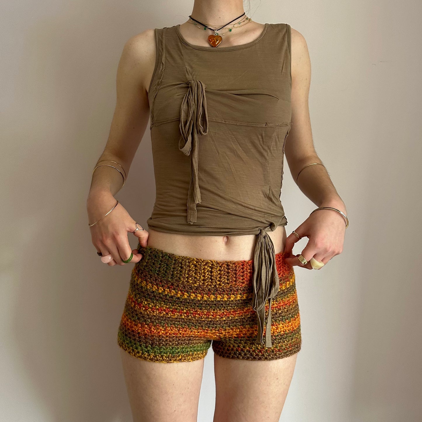 Handmade earth tones ombré striped crochet shorts