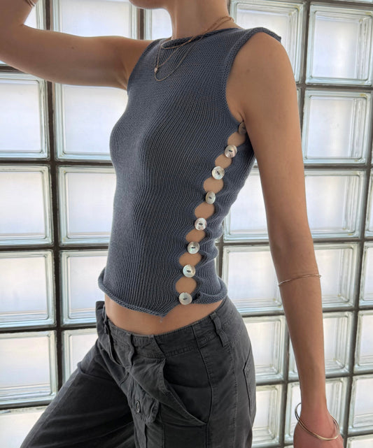 The Pearl Vest in denim blue - handmade knitted vest with mother of pearl buttons
