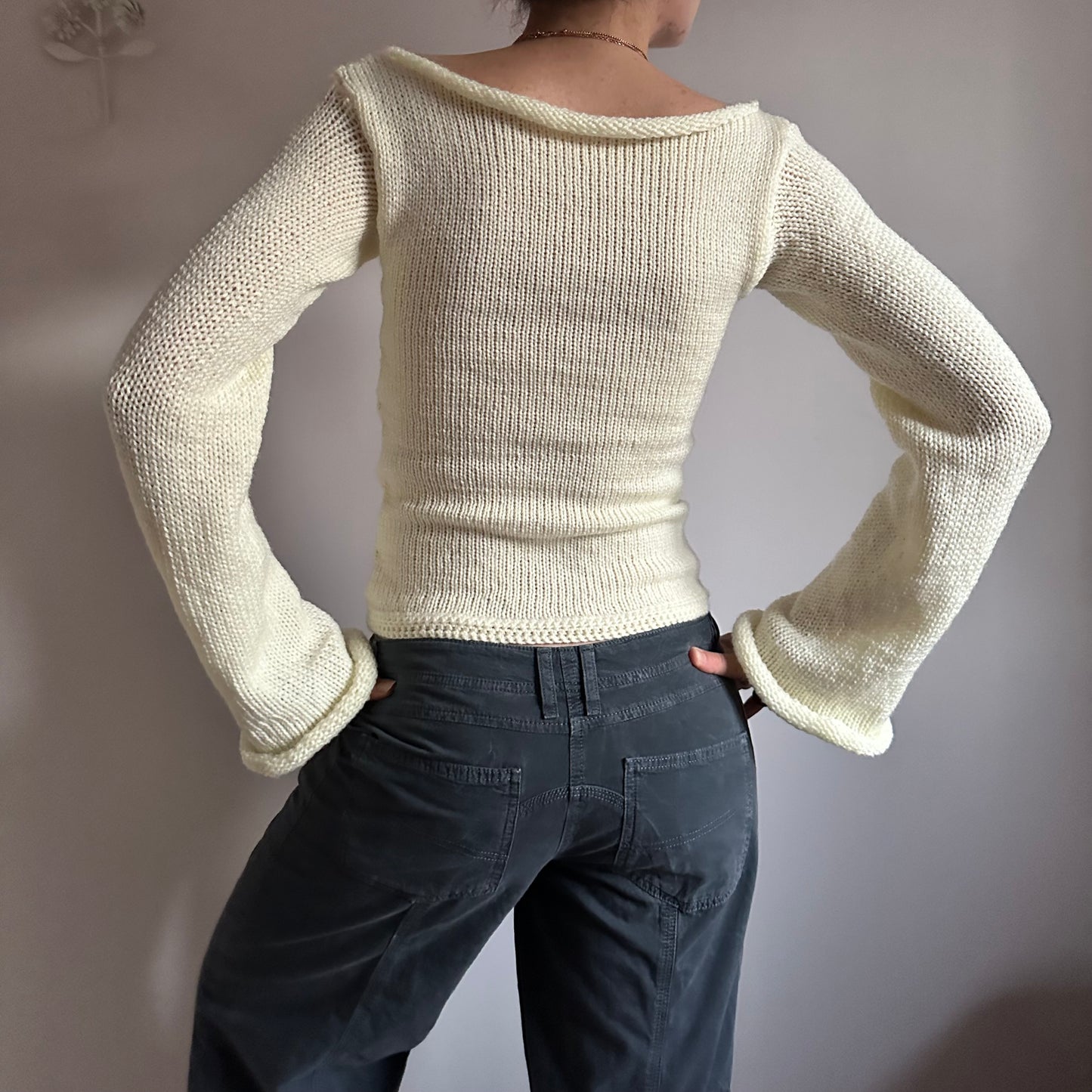 Handmade cream boat neck knitted jumper