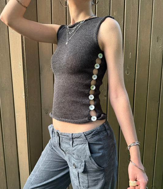 Handmade knitted Pearl Vest in charcoal grey with mother of pearl buttons