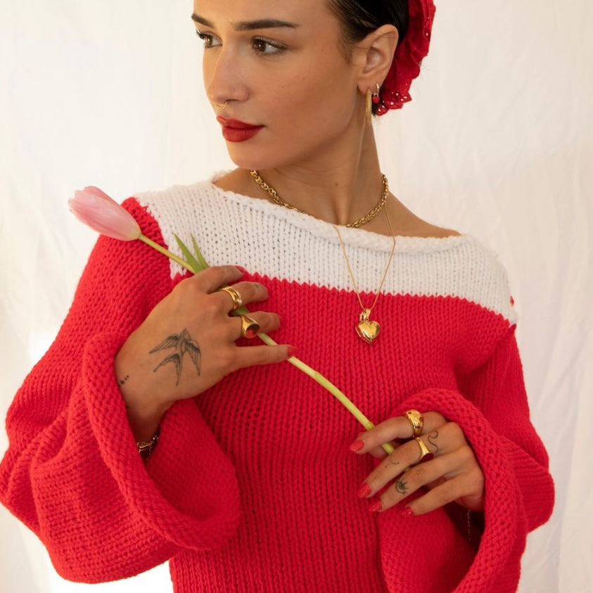 Handmade knitted colour block jumper in red and white