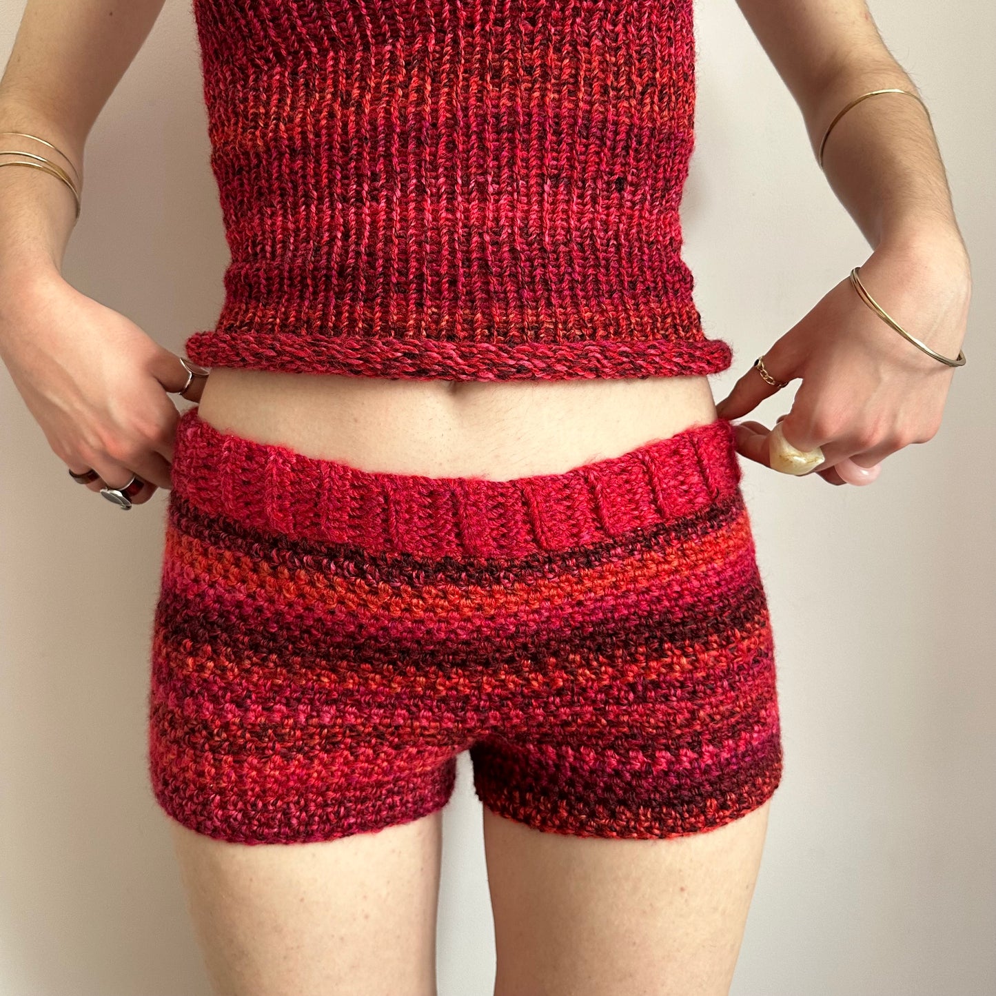 Handmade red ombré striped crochet shorts