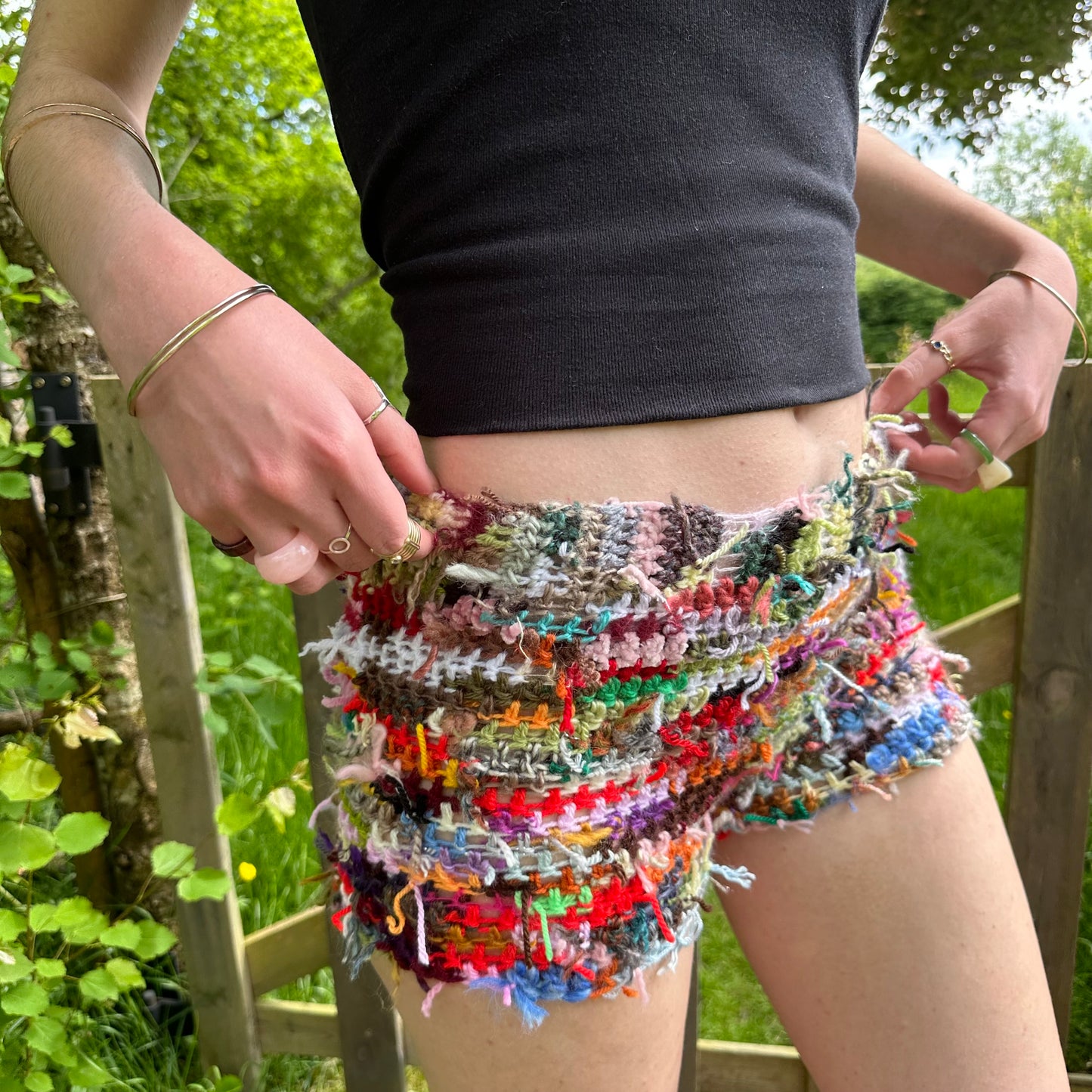 Handmade scrappy crochet shorts - 1 of 1, made of leftover yarn scraps