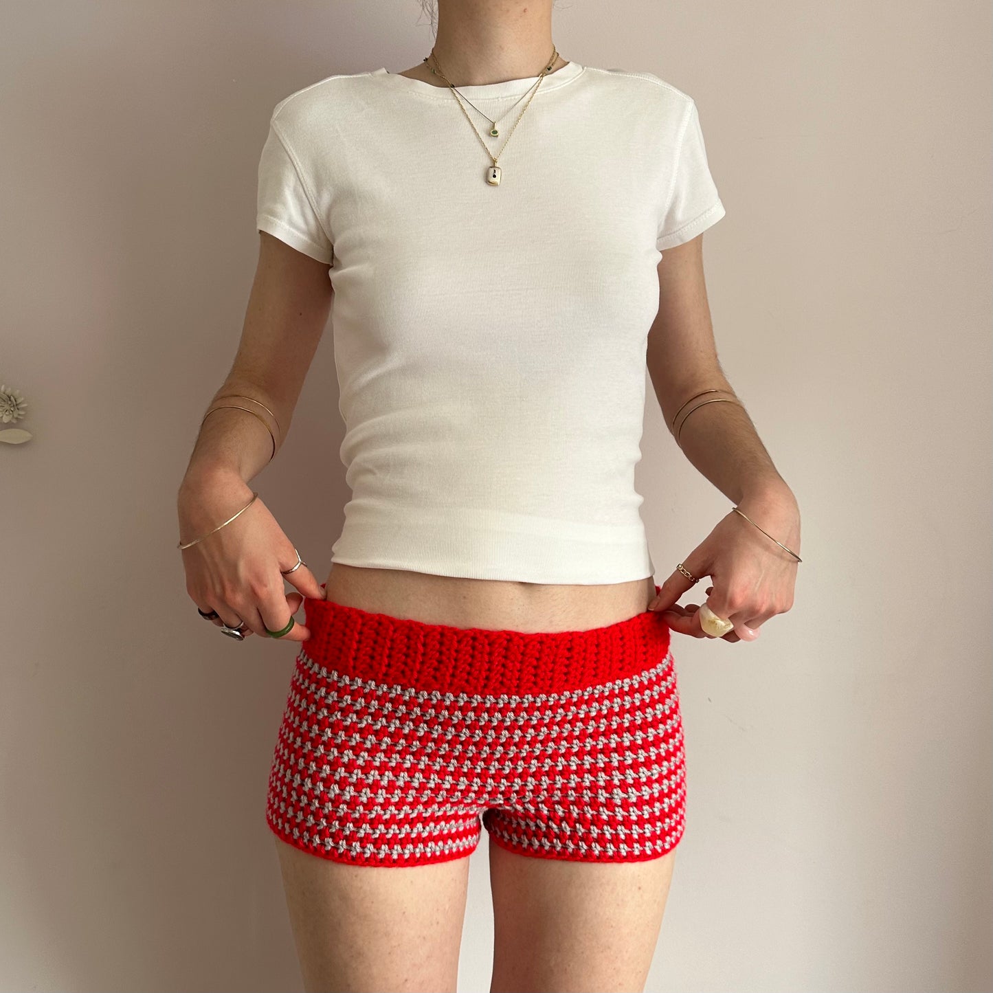 Handmade red and light grey striped crochet shorts