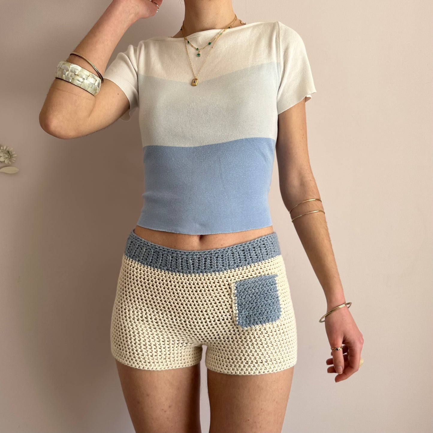 Handmade crochet shorts in cream and baby blue with pocket