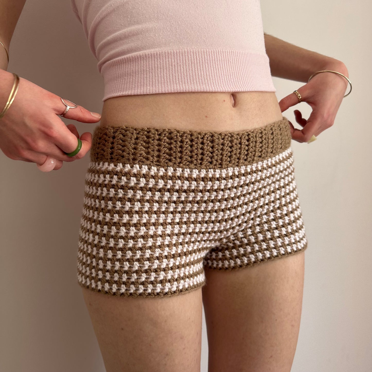 Handmade tan and baby pink striped crochet shorts