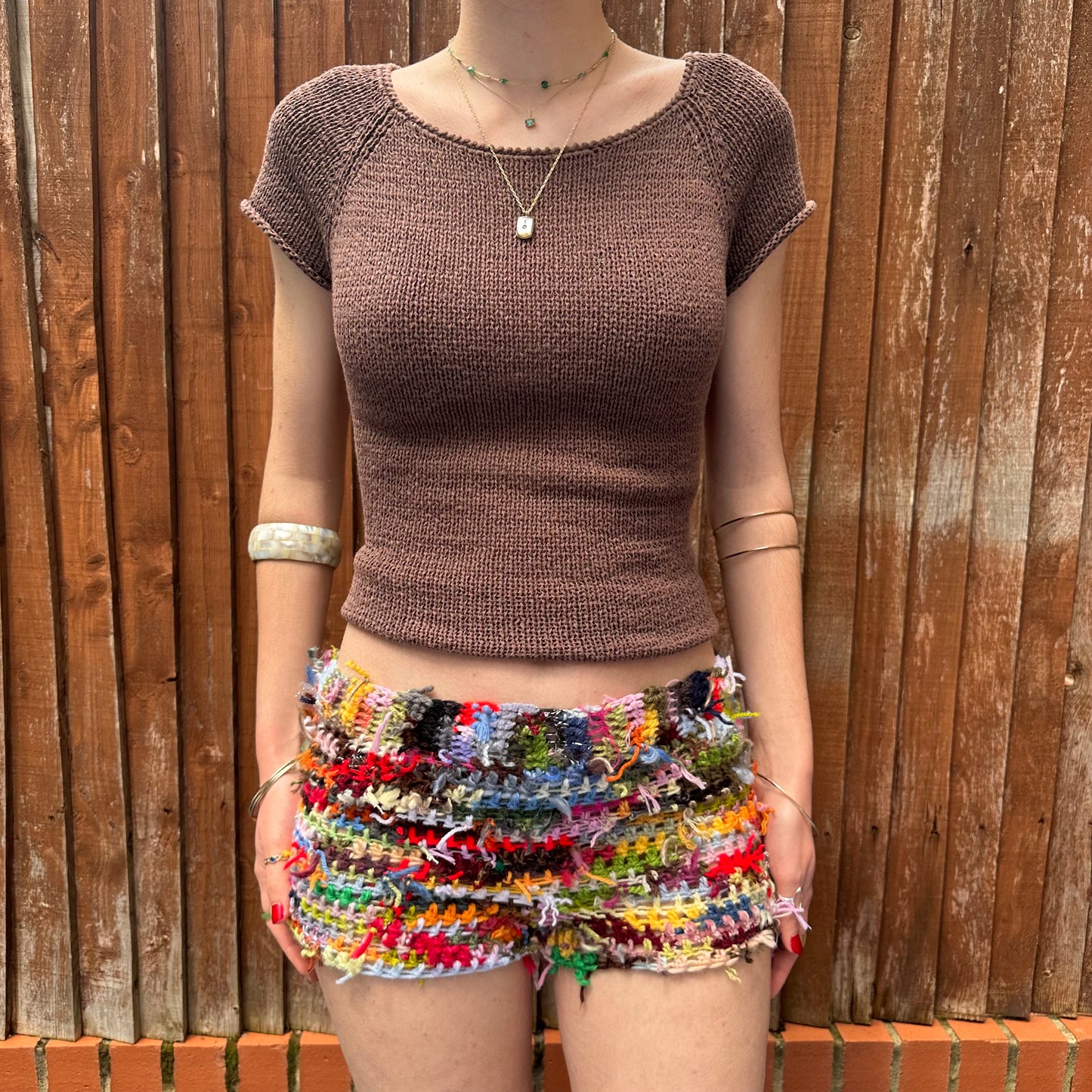 Handmade scrappy crochet shorts - 1 of 1, made of leftover yarn scraps