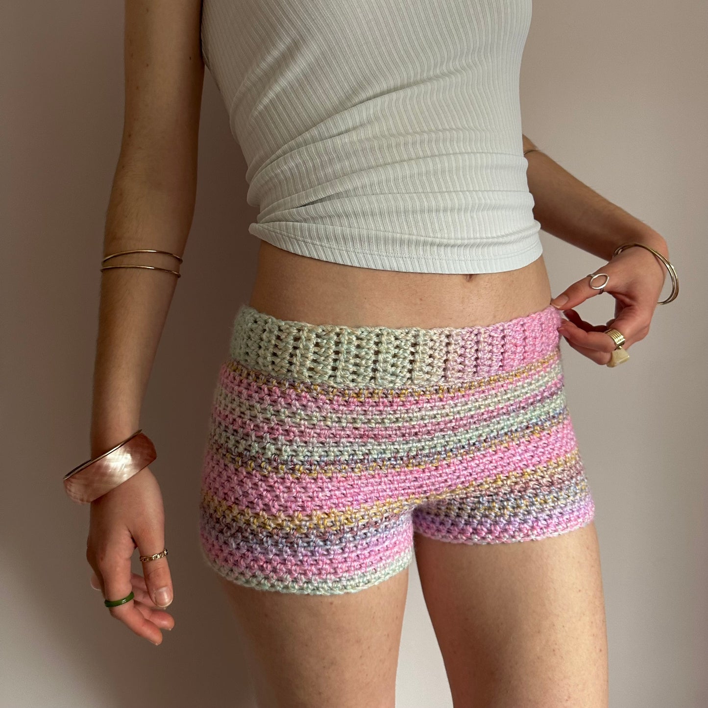 Handmade pastel shades ombré striped crochet shorts