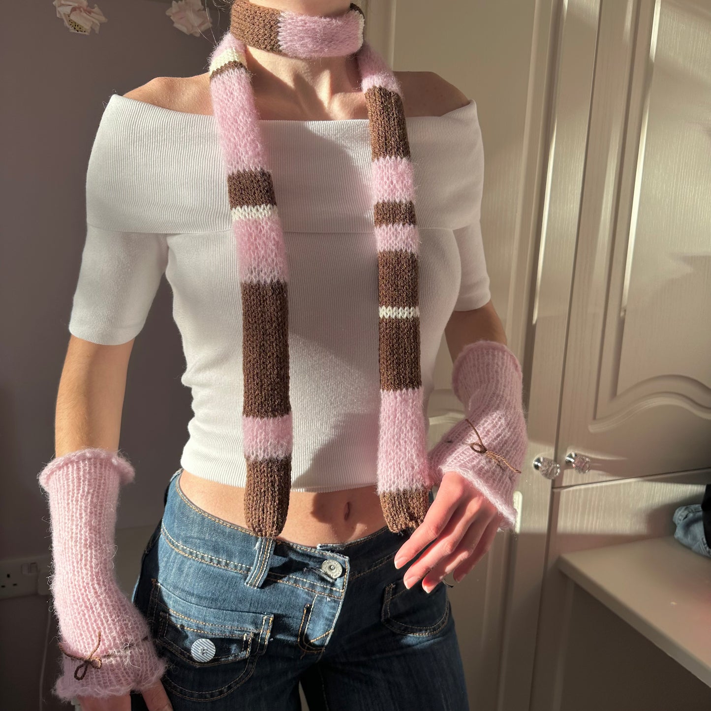 Handmade knitted brown, cream and baby pink striped skinny scarf