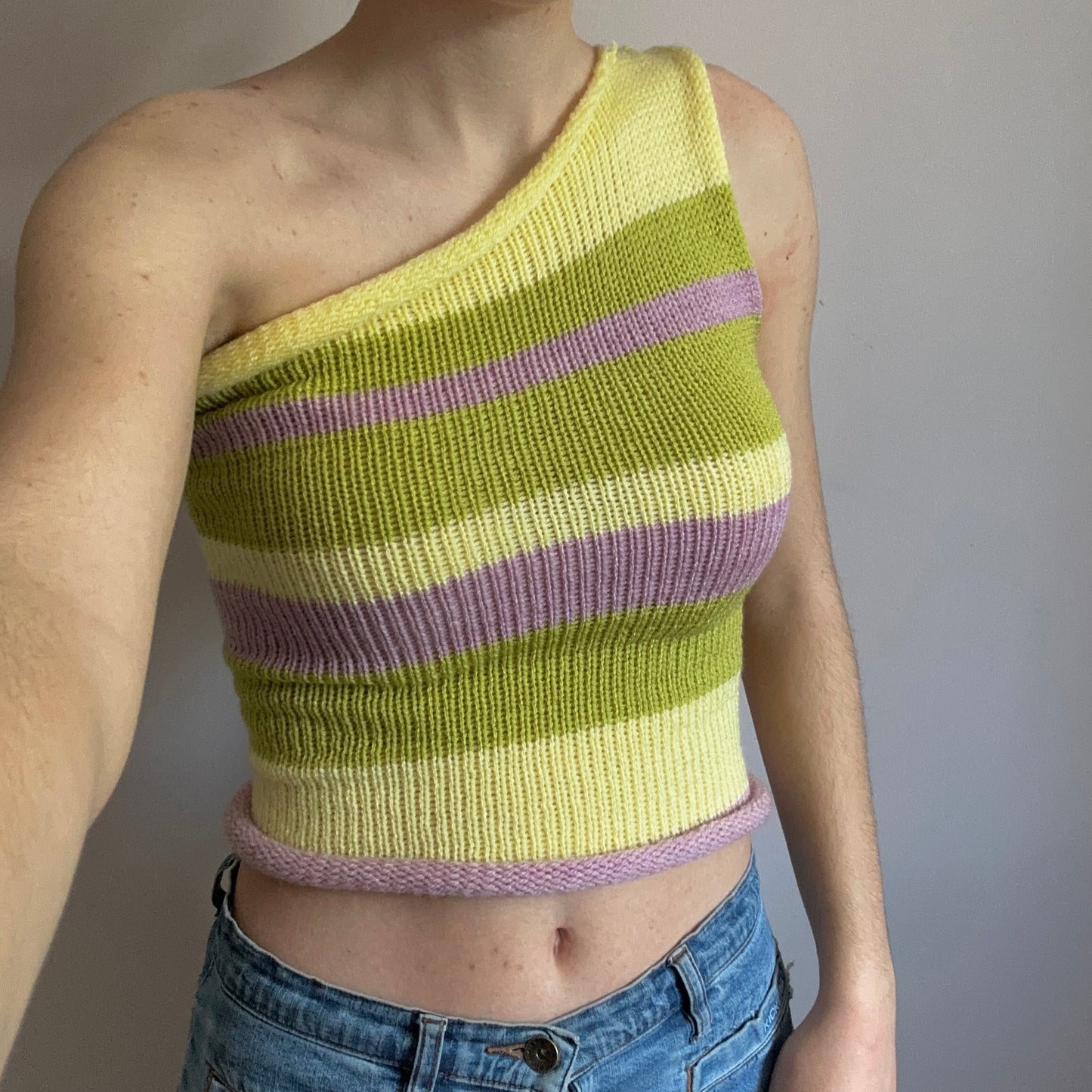 Handmade knitted uneven striped one shoulder asymmetrical top in dusky pink, pastel yellow and green