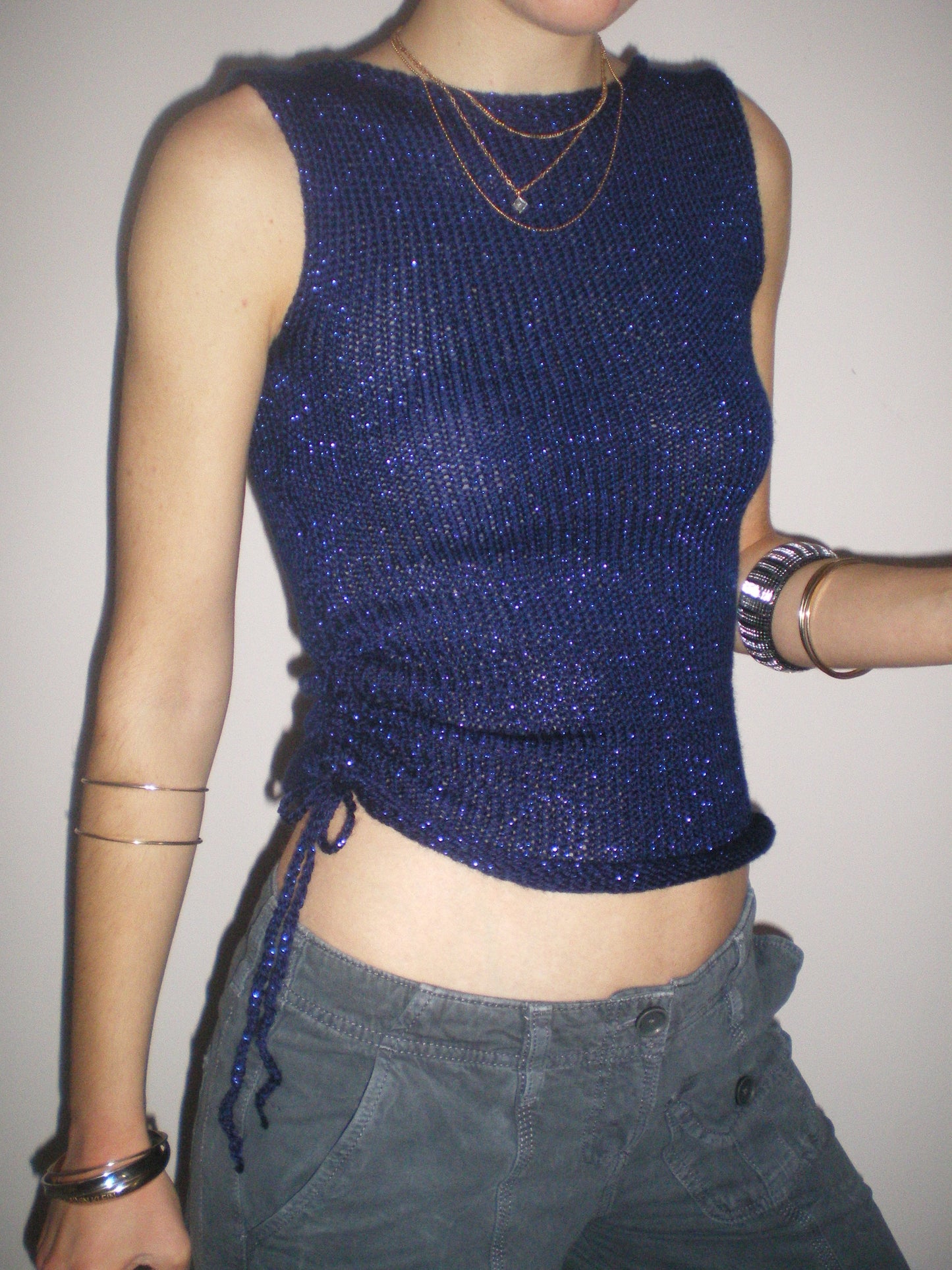 Handmade dark blue metallic ruched knitted vest