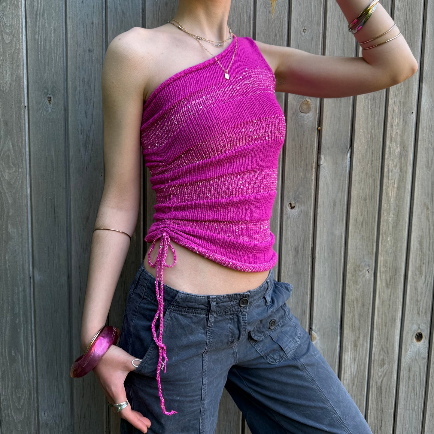 Handmade sparkly draped one shoulder knit top in hot pink