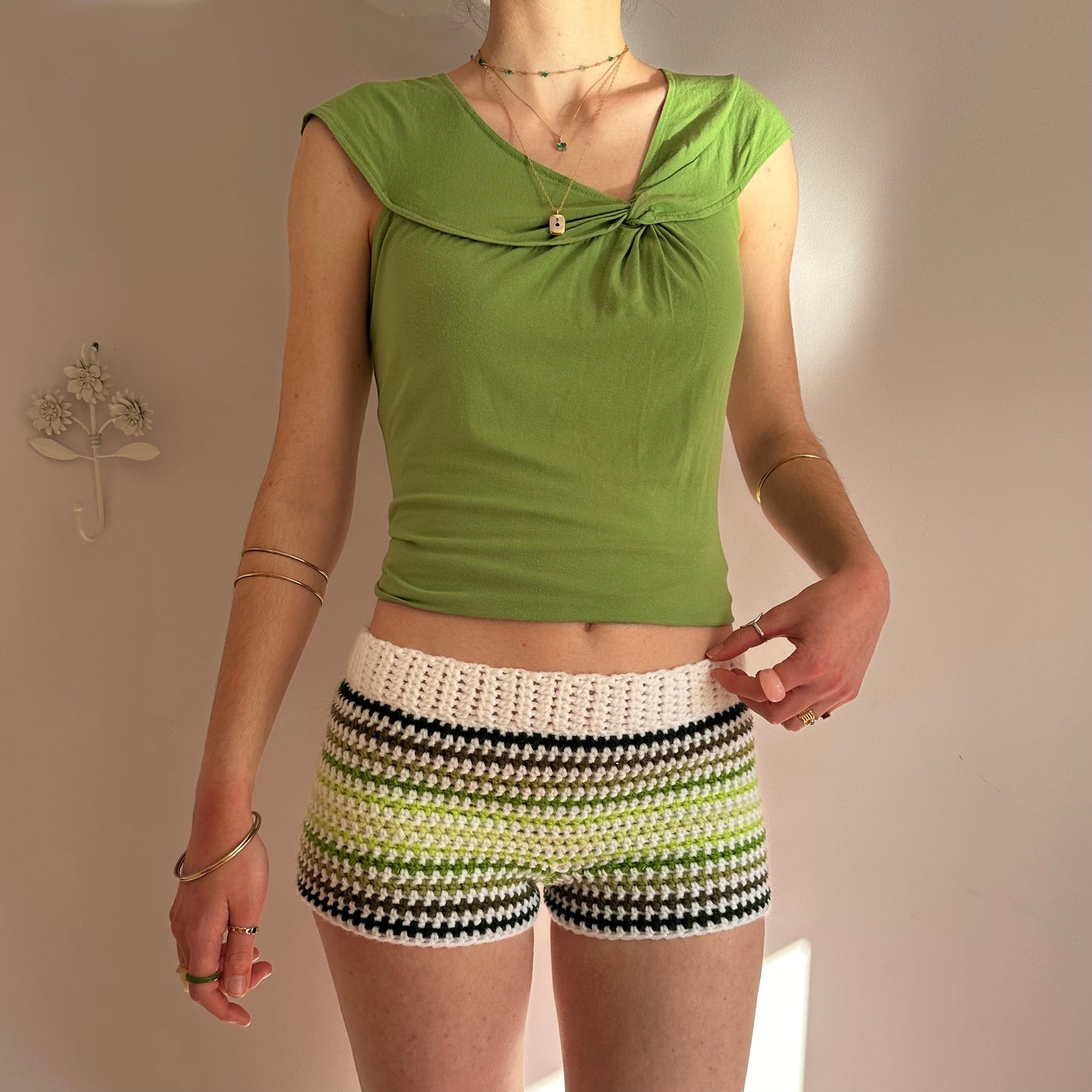 Handmade white and green ombré striped crochet shorts