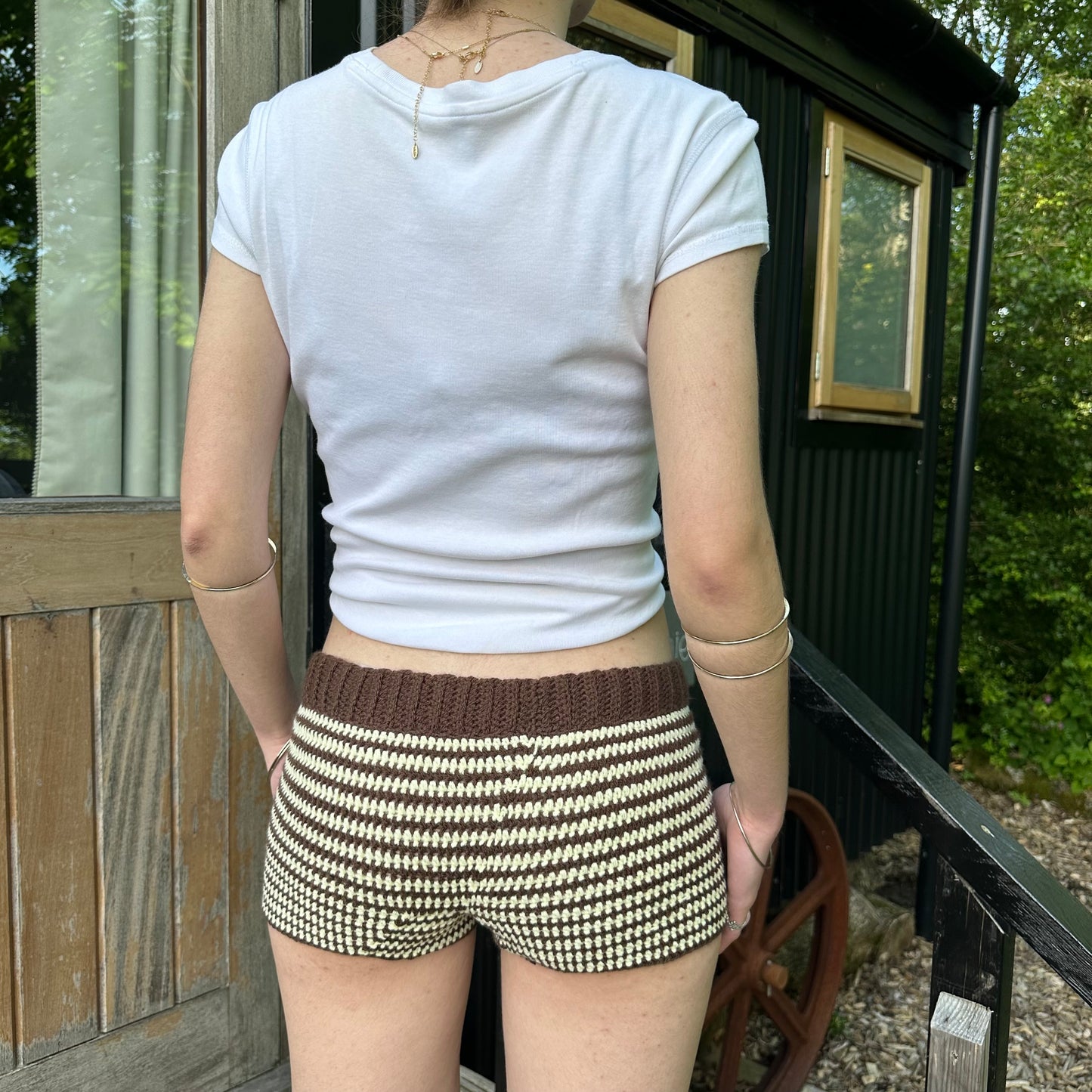 The Sienna Shorts - handmade brown and light yellow striped crochet shorts