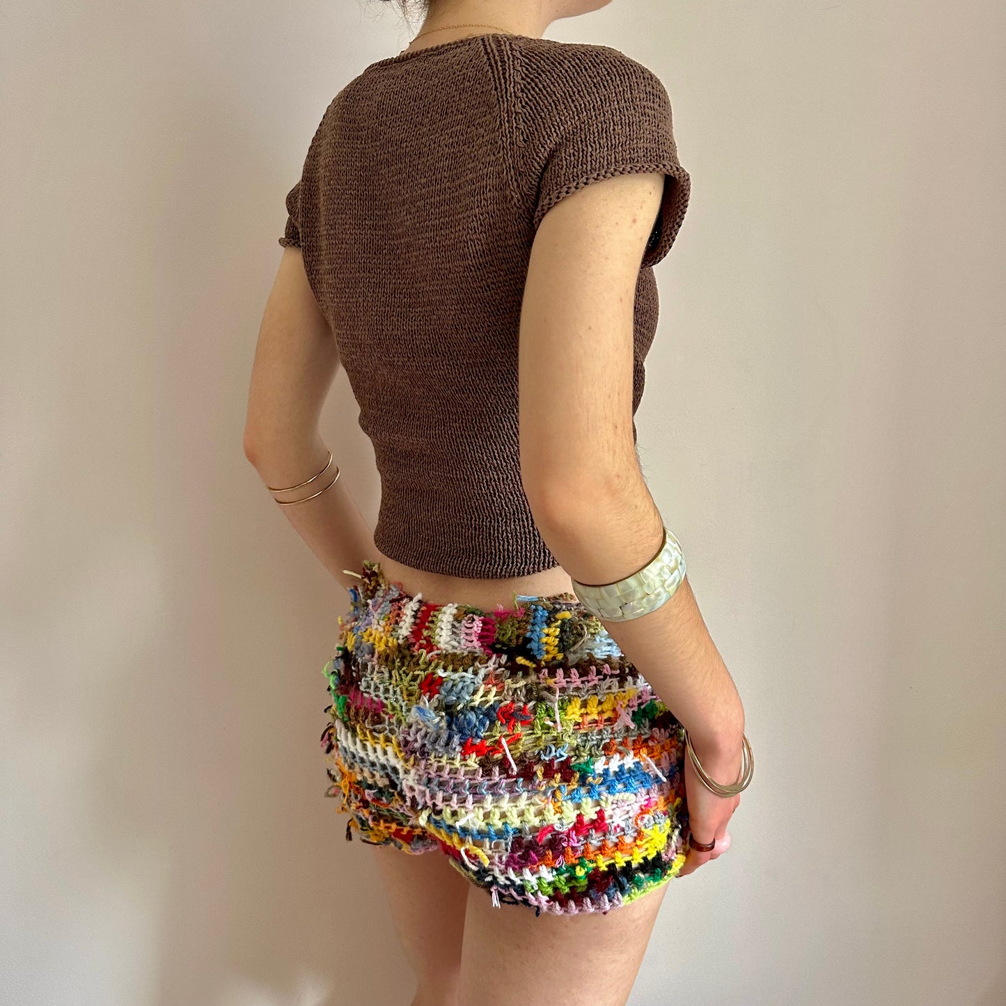 Handmade scrappy crochet shorts - 1 of 1, made of leftover yarn scraps