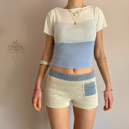 Handmade crochet shorts in cream and baby blue with pocket