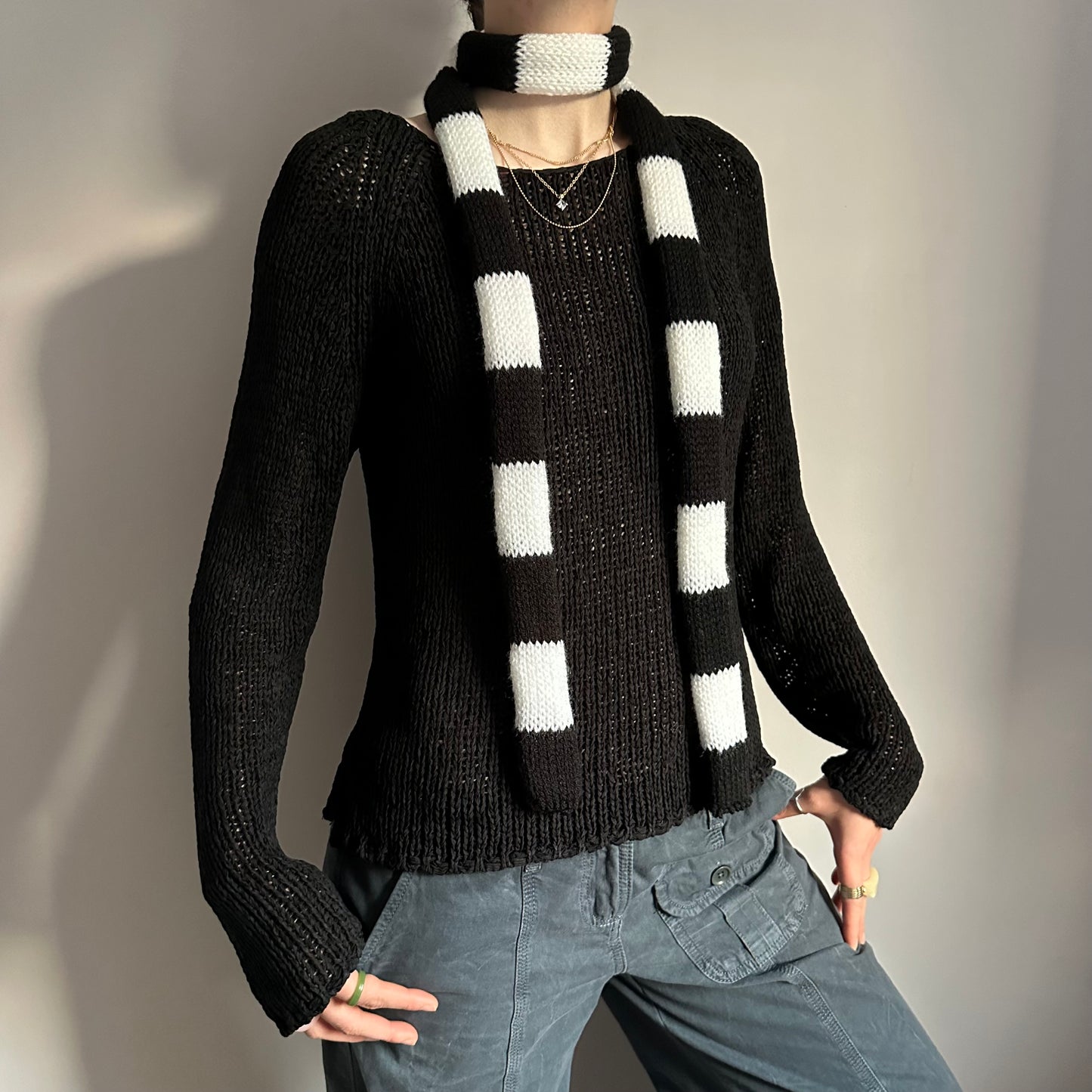 Handmade knitted striped skinny scarf in black and white