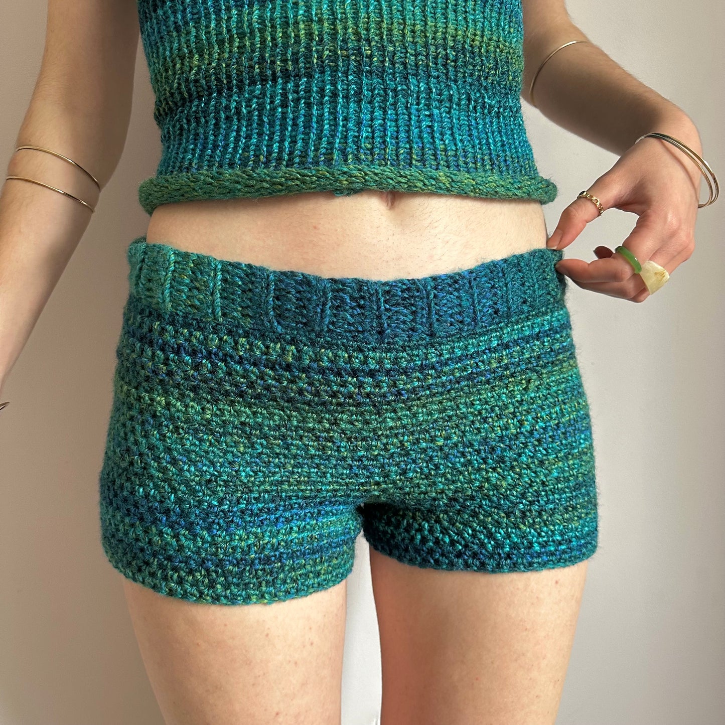 Handmade blue and green ombré striped crochet shorts