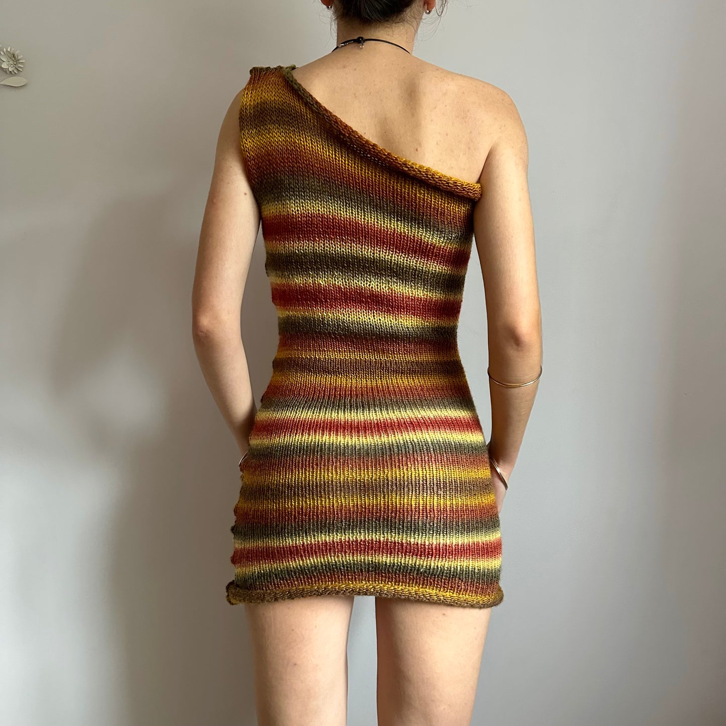 Handmade ombré earth tones one shoulder knit dress