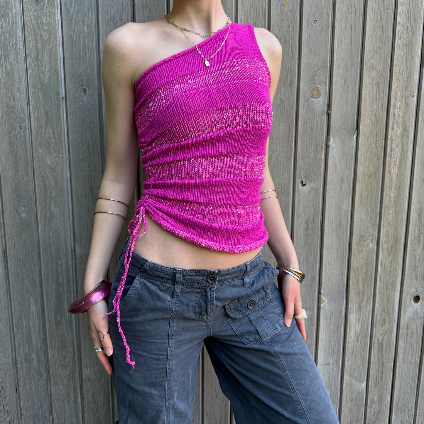 Handmade sparkly draped one shoulder knit top in hot pink
