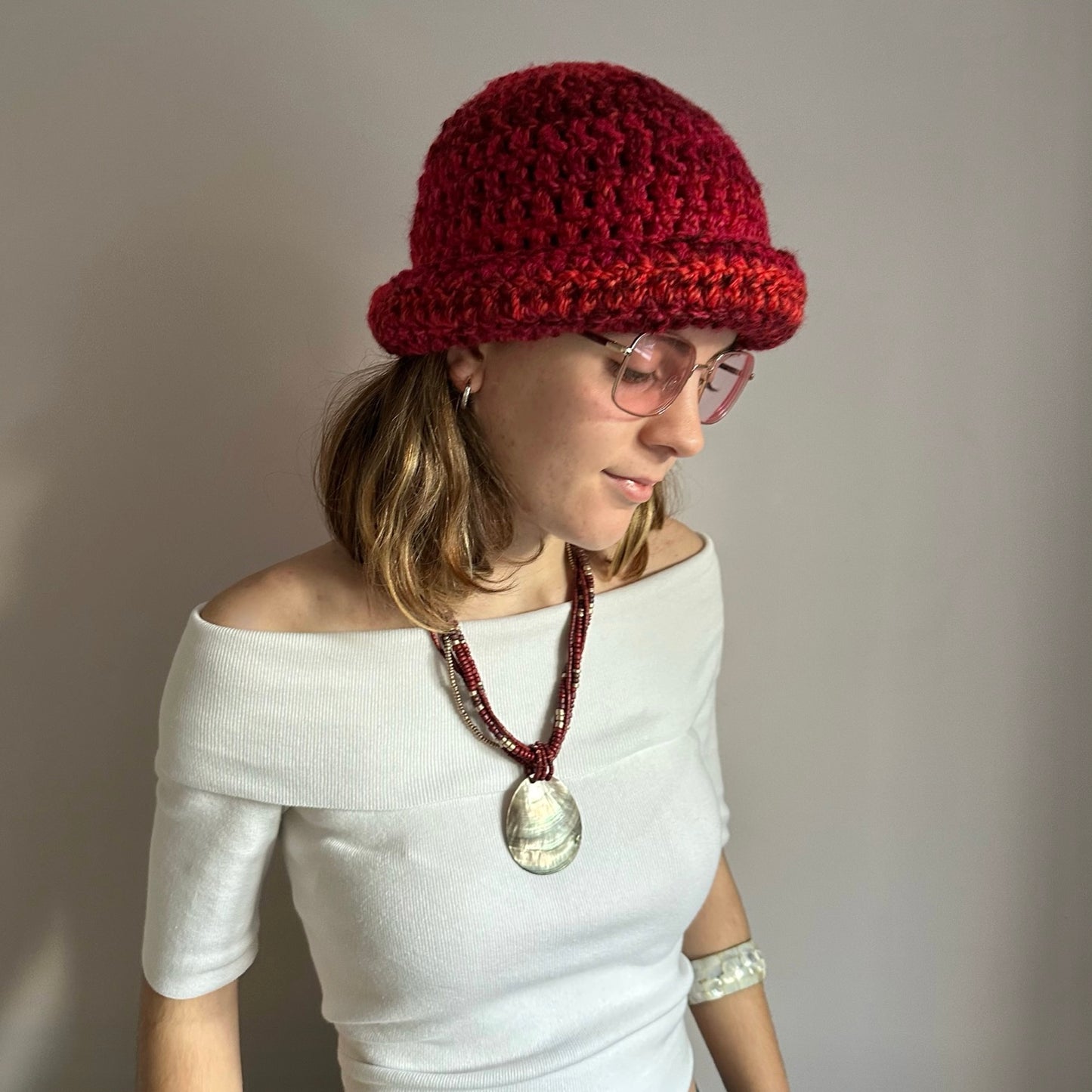 Handmade red ombré chunky crochet bowler hat