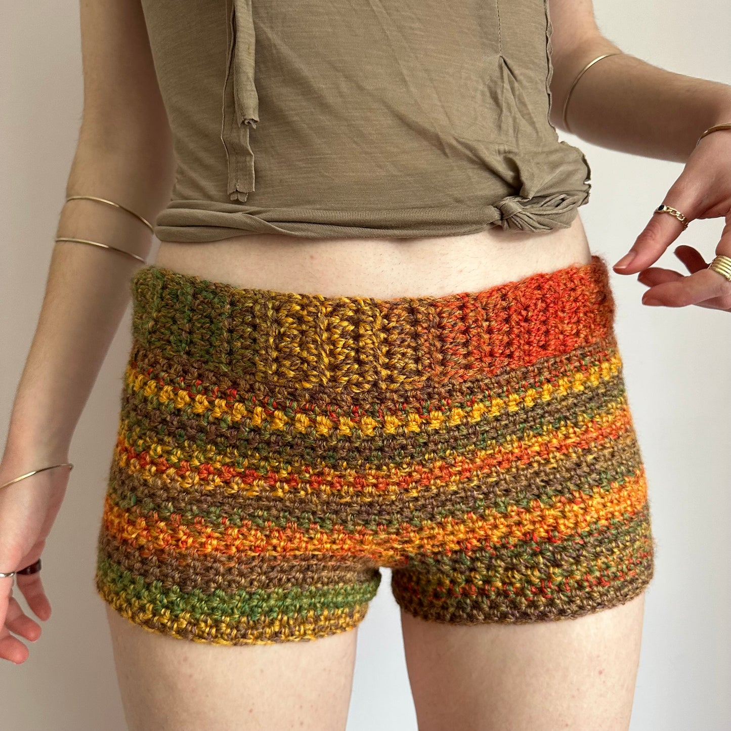 Handmade earth tones ombré striped crochet shorts