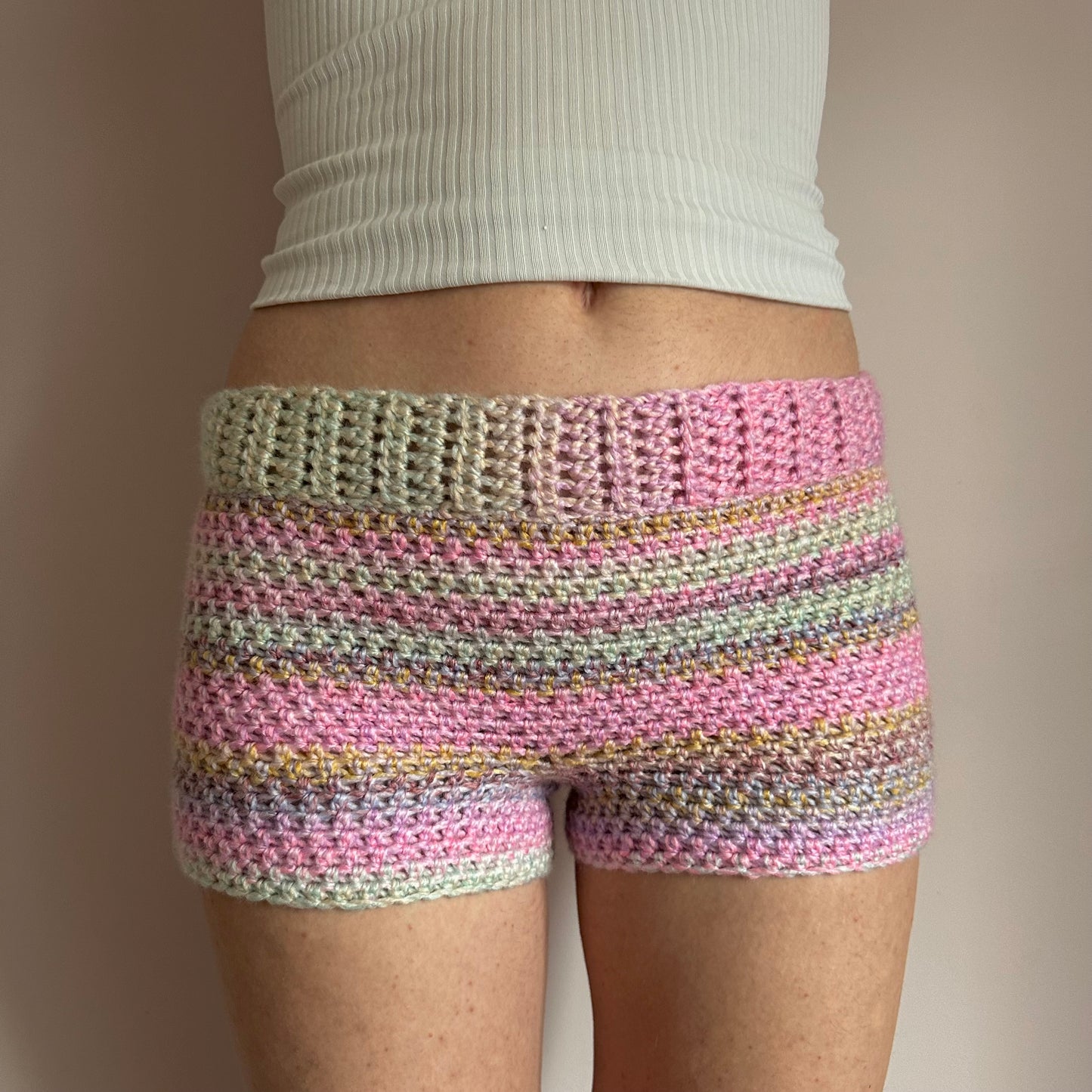 Handmade pastel shades ombré striped crochet shorts