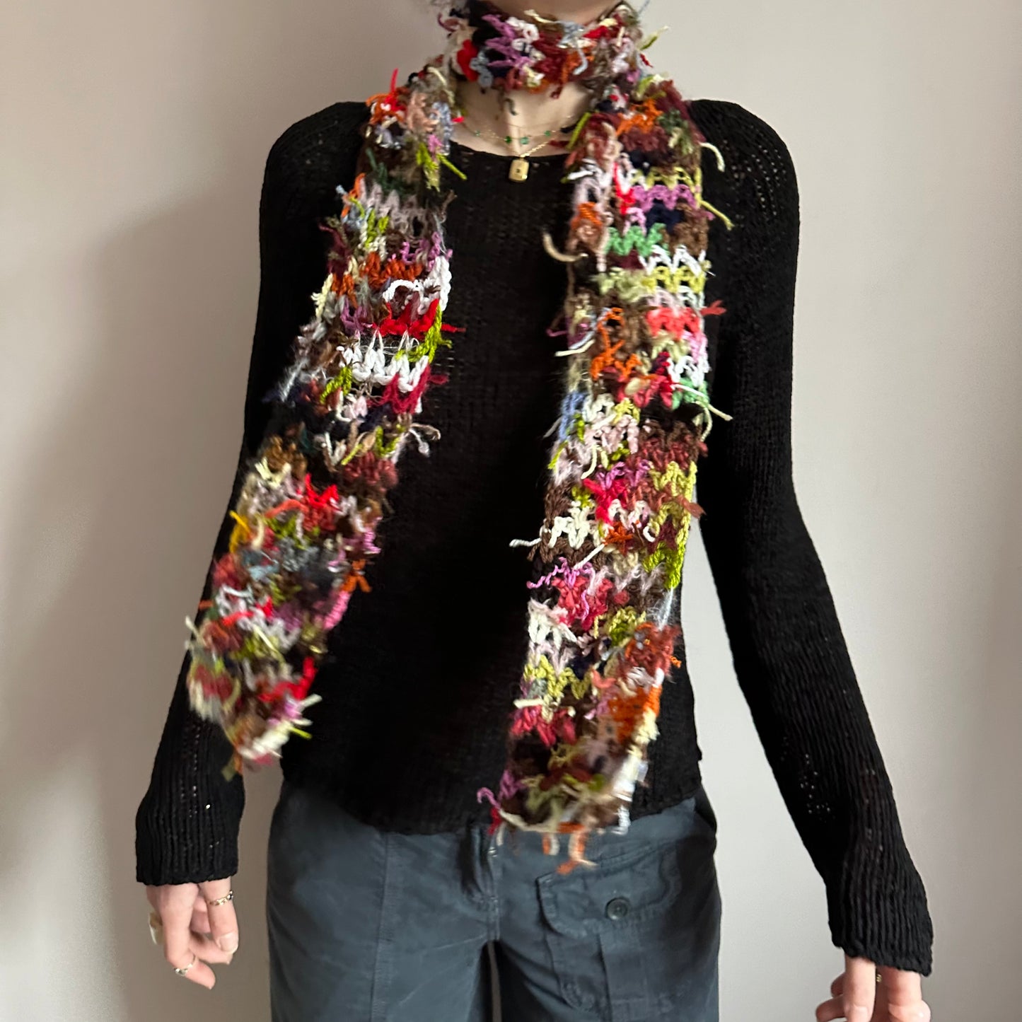 Scrappy skinny scarf #3 - handmade from leftover yarn scraps