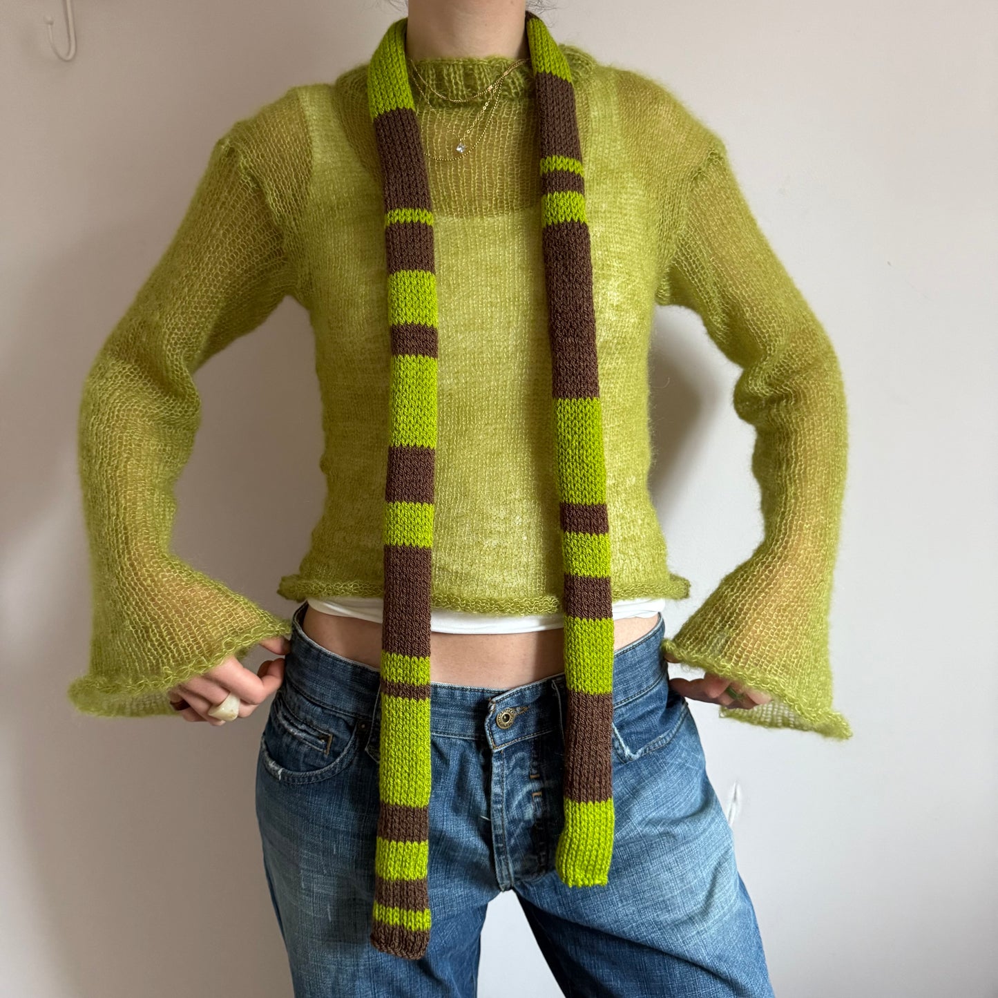 Handmade knitted striped skinny scarf in green and brown