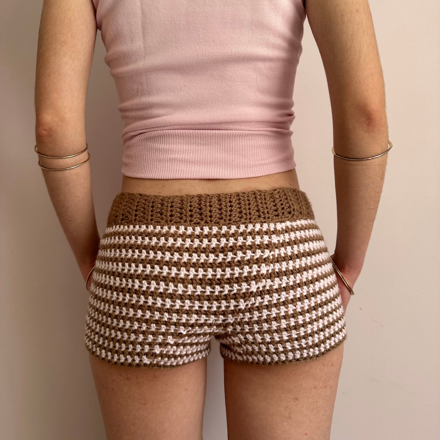 Handmade tan and baby pink striped crochet shorts