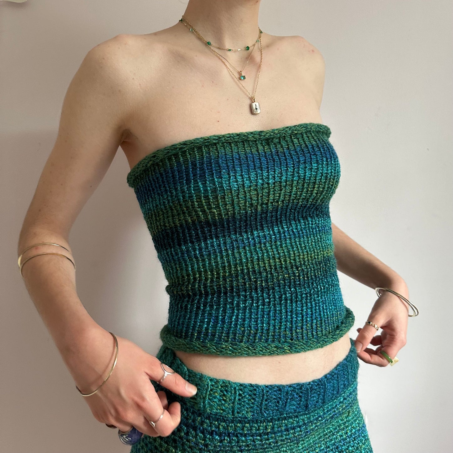 Matching set: green and blue striped crochet shorts and knit bandeau top