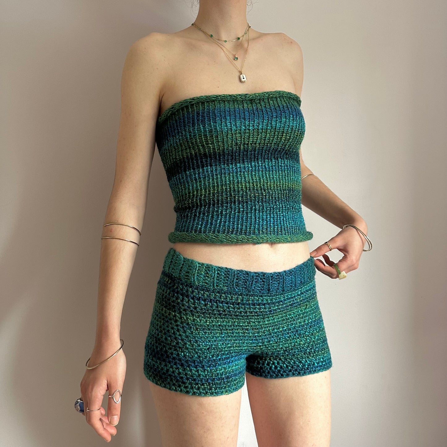 Handmade blue and green ombré striped crochet shorts