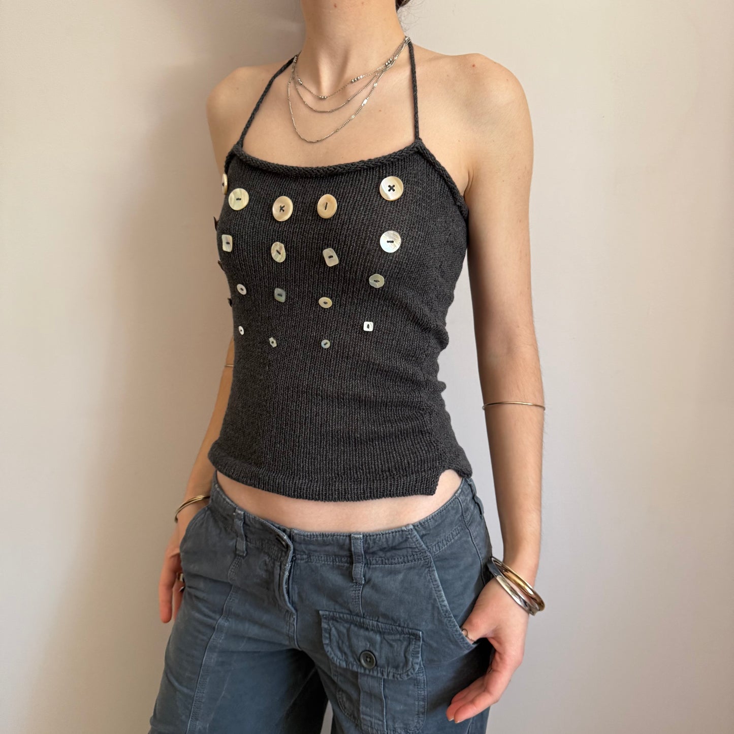 The Random Button Tank Top - charcoal grey