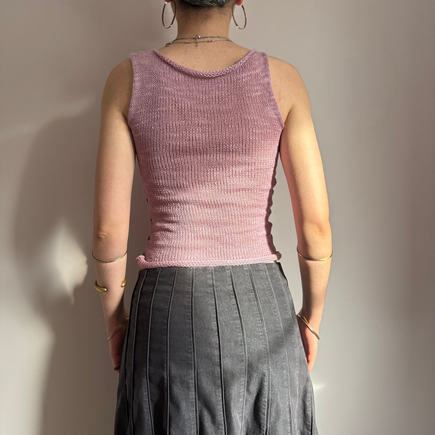 Handmade knitted Pearl Vest in lilac with green mother of pearl buttons - linen blend