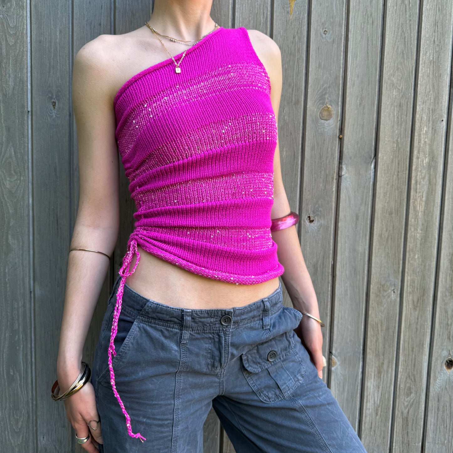 Handmade sparkly draped one shoulder knit top in hot pink